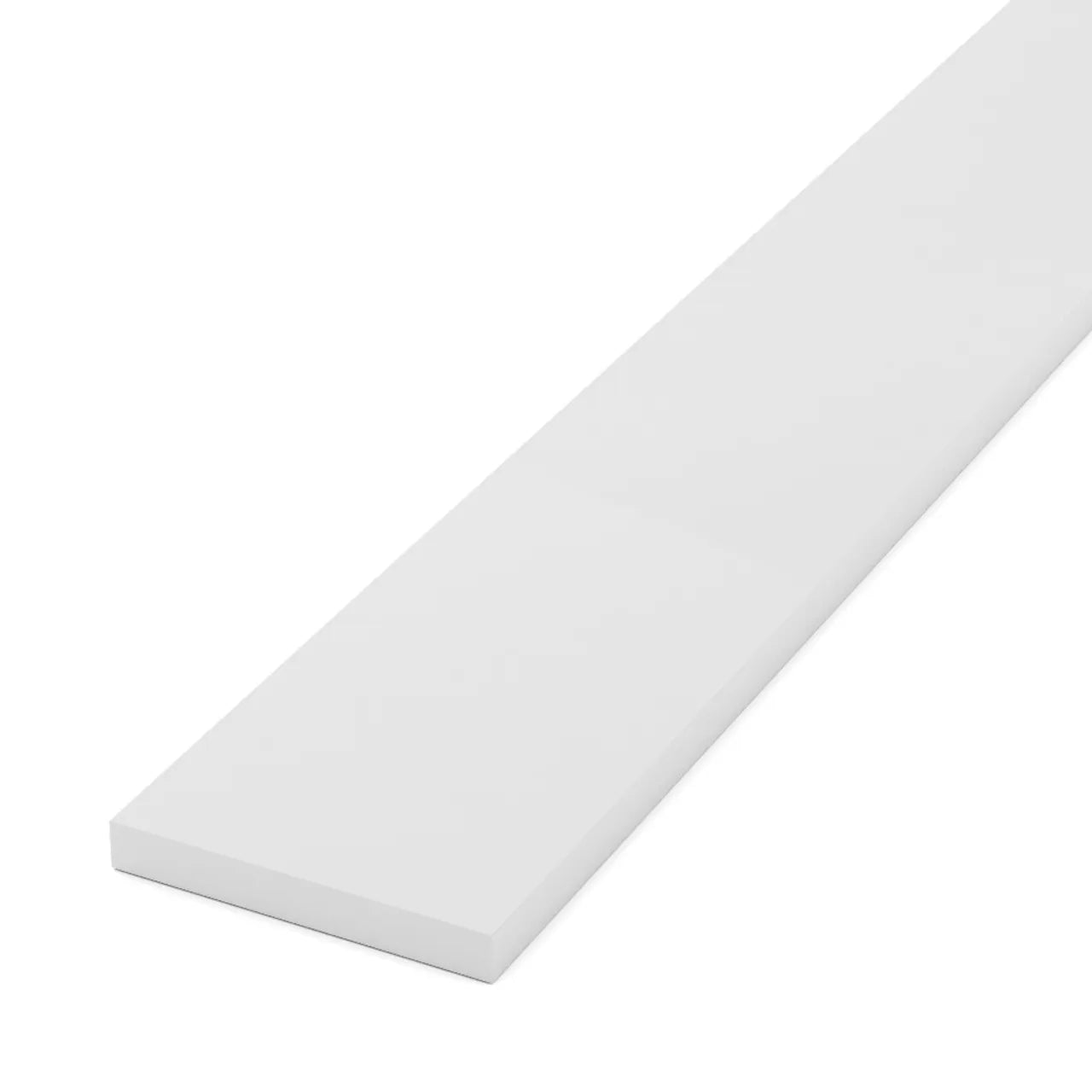 A Go Build 3/4 in. x 7-1/4 in. x 12 ft. Cellular PVC Trim Board in white, with smooth edges, is displayed against a plain white background.